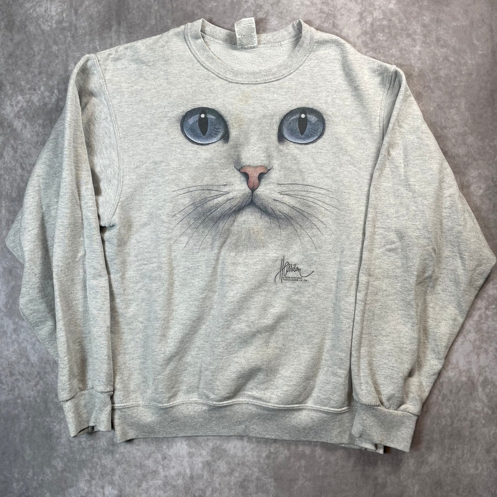 Jerzees Bob Harrison Cat Face Graphic Sweatshirt Gray Mens Medium Blue Eyes